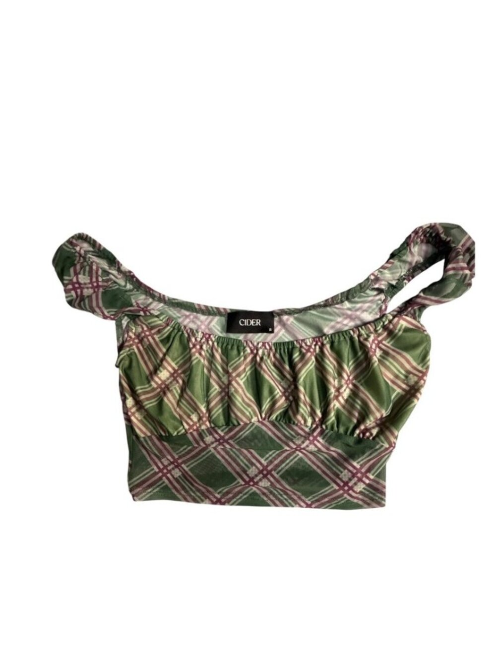 Green Pink Plaid Ruched Crop Top Cap